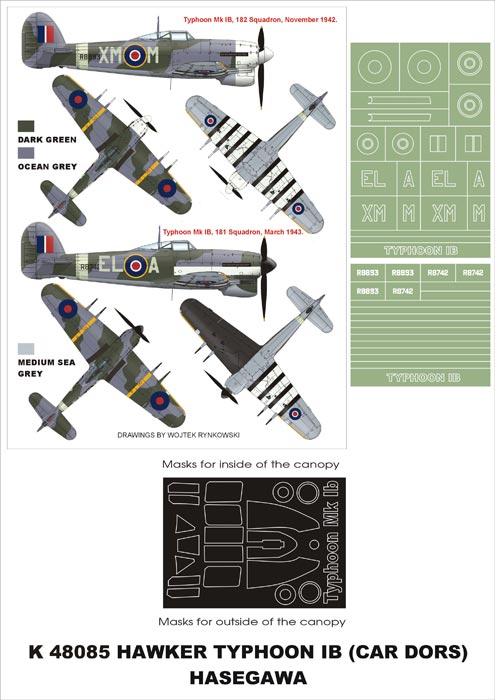 Hawker Typhoon Mk.IB (canopy frame paint masks (inside and outside)) insignia and markings masks (designed to be used with Hasegawa kits)