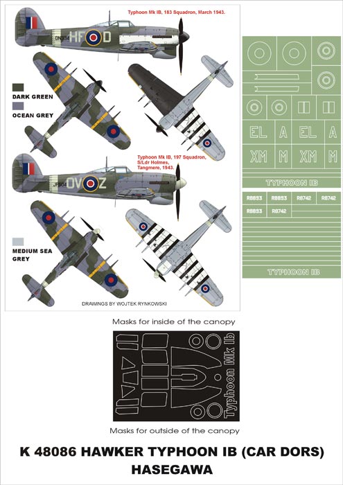 Hawker Typhoon Mk.IB (canopy frame paint masks (inside and outside)) insignia and markings masks (designed to be used with Hasegawa kits)