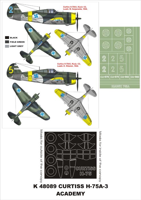 Curtiss-Hawk H-75A-3 (canopy frame paint masks (inside and outside)) + insignia and markings masks (designed to be used with Academy and Hobbycraft kits)