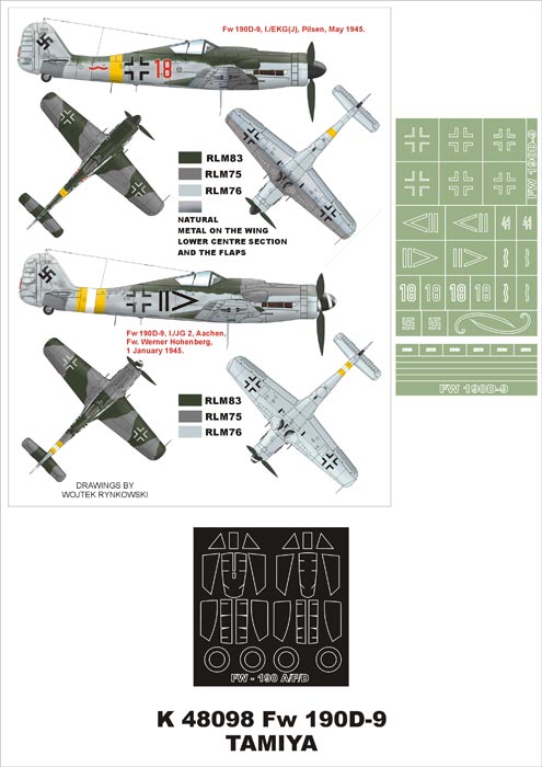Focke-Wulf Fw-190D-9 (canopy frame paint masks (inside and outside)) insignia and markings masks (designed to be used with Tamiya kits)