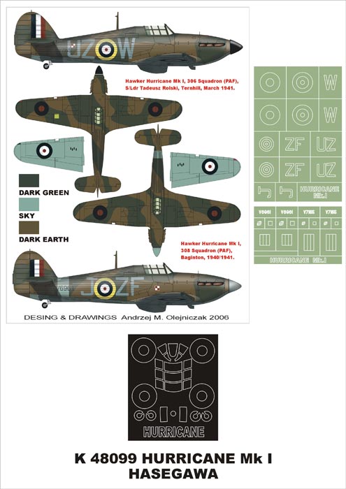 Hawker Hurricane Mk.I (canopy frame paint masks (inside and outside)) insignia and markings masks (designed to be used with Hasegawa kits)