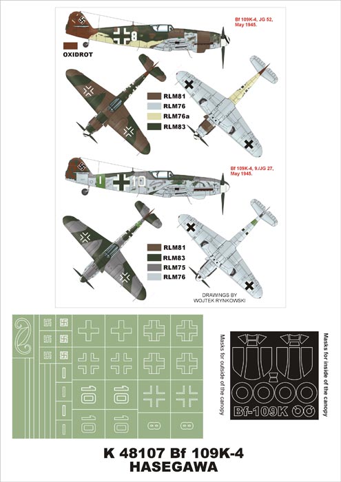 Messerschmitt Bf-109K-4 (canopy frame paint masks (inside and outside)) + insignia and markings masks (designed to be used with Hasegawa kits)