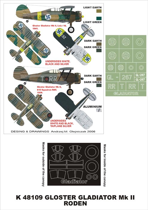Gloster Gladiator Mk.II (canopy frame paint masks (inside and outside)) + insignia and markings masks (designed to be used with Eduard kits and Roden kits)