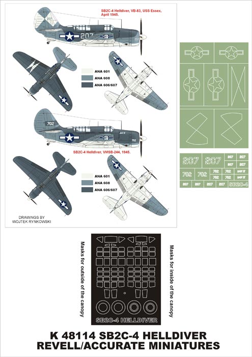 Curtiss SB2C-4 Helldiver (canopy frame paint masks (inside and outside)) insignia and markings masks (designed to be used with Revell kits)