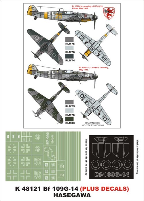 Messerschmitt Bf-109G-14 (canopy frame paint masks (inside and outside)) + insignia and markings masks + decals (designed to be used with Hasegawa kits)