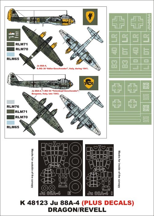 Junkers Ju-88A-4 (canopy frame paint masks (inside and outside)) insignia and markings masks + decals (designed to be used with Dragon/Revell kits)