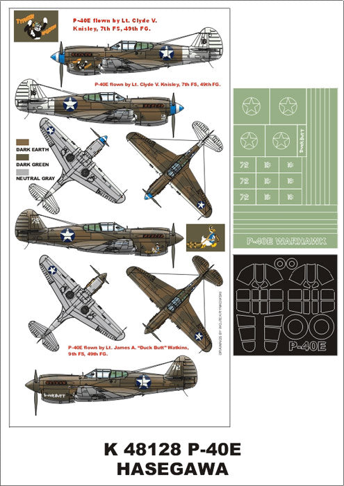 Curtiss P-40E Kittyhawk (canopy frame paint masks (inside and outside)) + insignia and markings masks + decals (designed to be used with Hasegawa kits)