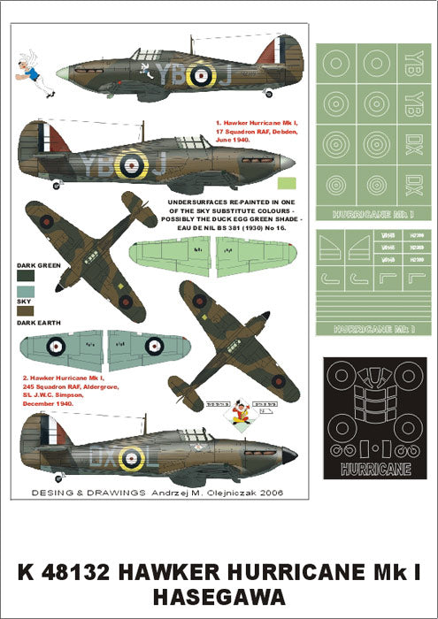 HAWKER HURRICANE Mk.I 1 canopy mask (exterior) insignia and markings masks + decals (designed to be used with Hasegawa kits)