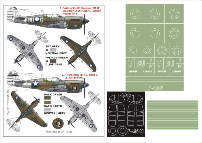 Curtiss P-40N Warhawk (canopy frame paint masks (inside and outside)) insignia and markings masks + decals (designed to be used with Hasegawa kits)