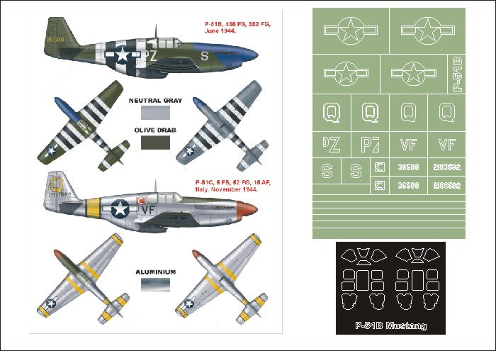 North-American P-51B Mustang (canopy frame paint masks (inside and outside)) + 1 national insignia masks (designed to be used with Tamiya kits)