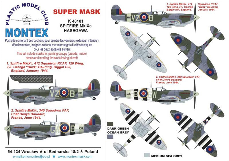Supermarine Spitfire Mk.IX (canopy frame paint masks (inside and outside)) insignia and markings masks + decals (designed to be used with Hasegawa kits)