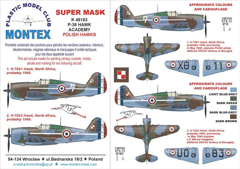 Curtiss P-36 HAWK (canopy frame paint masks (inside and outside)) insignia and markings masks + decals (designed to be used with ACADEMY kits)