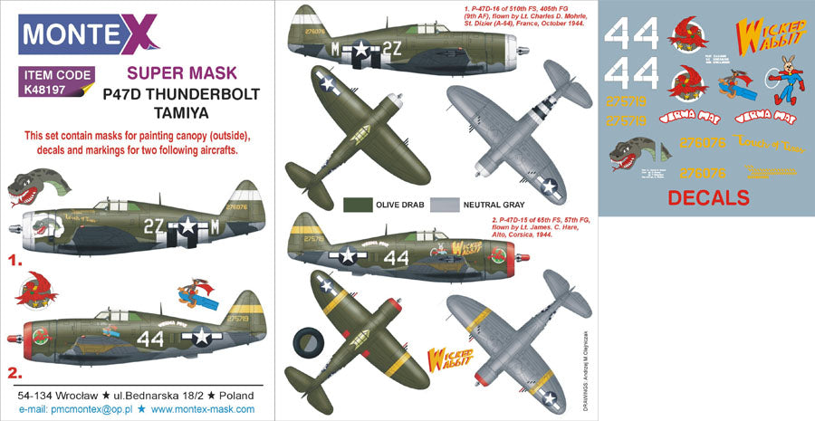 Republic P-47D Thunderbolt RAZORBACK 1 canopy mask (exterior) + insignia and markings masks + decals (designed to be used with Tamiya kits)