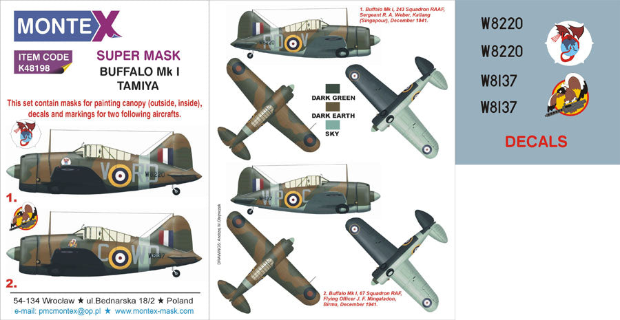 BREWSTER BUFFALO Mk.I (canopy frame paint masks (inside and outside)) + insignia and markings masks + decals (designed to be used with Tamiya kits)