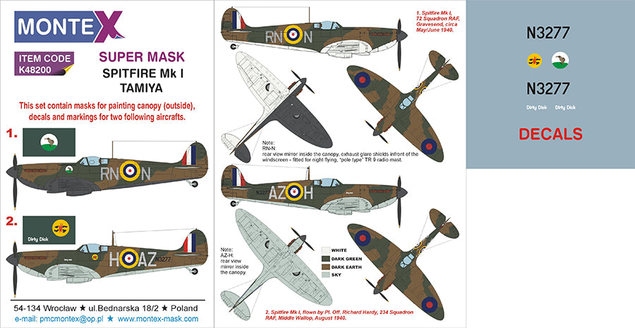 Supermarine Spitfire Mk.I 1 canopy mask (exterior) + insignia and markings masks + decals (designed to be used with Tamiya kits)