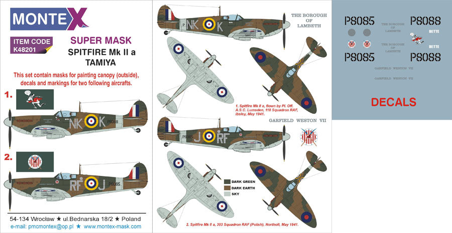 Supermarine Spitfire Mk.II a 1 canopy mask (exterior) + insignia and markings masks + decals (designed to be used with Tamiya kits)