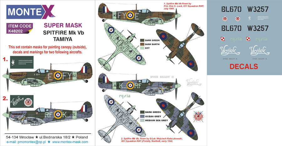 Supermarine Spitfire Mk.Vb 1 canopy mask (exterior) + insignia and markings masks + decals (designed to be used with Tamiya kits)