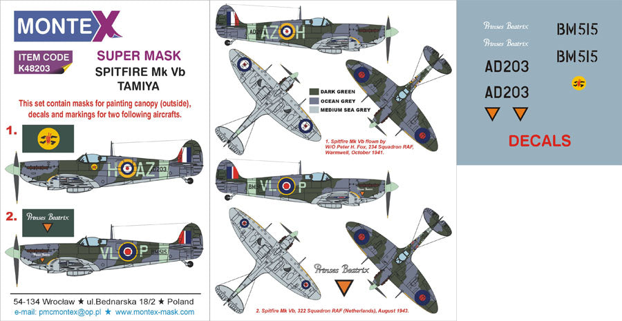 Supermarine Spitfire Mk.Vb 1 canopy mask (exterior) + insignia and markings masks + decals (designed to be used with Tamiya kits)