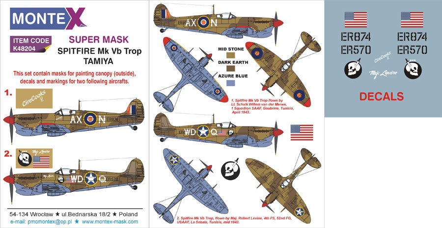 Supermarine Spitfire Mk.Vb Trop 1 canopy mask (exterior) + insignia and markings masks + decals (designed to be used with Tamiya kits)