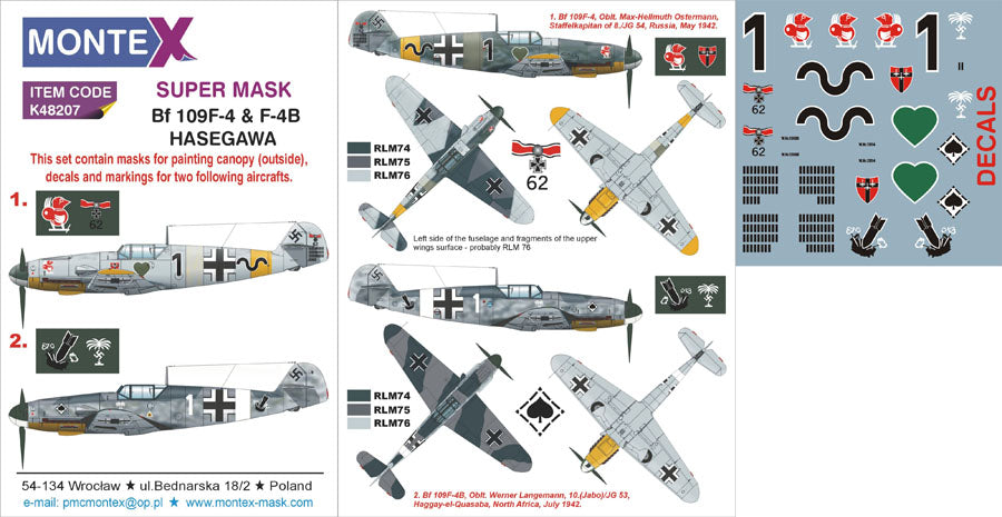 Messerschmitt Bf-109F-4 & F-4B 1 canopy mask (exterior) + insignia and markings masks + decals (designed to be used with Hasegawa kits)