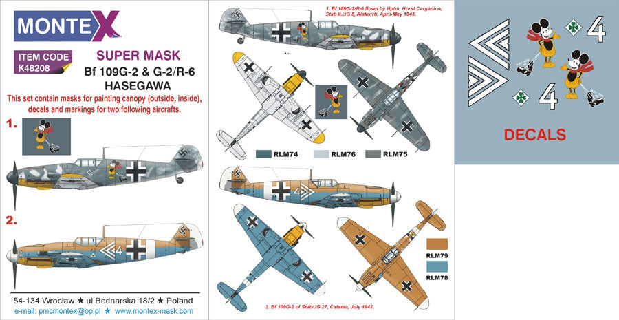 Messerschmitt Bf-109G-2 & G-2/R-6 (canopy frame paint masks (inside and outside)) + insignia and markings masks + decals (designed to be used with Hasegawa kits)