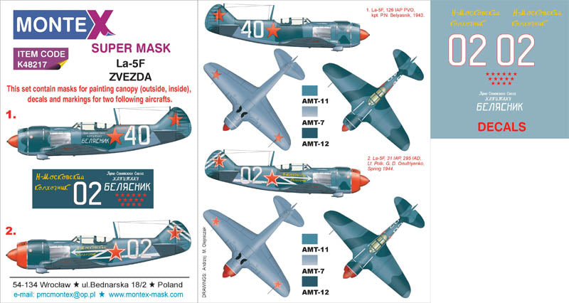 Lavochkin La-5F (canopy frame paint masks (inside and outside)) + insignia and markings masks + decals (designed to be used with Kovozavody Prostejov and Zvezda kits)