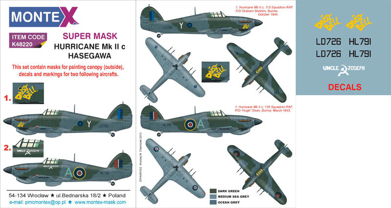 Hawker Hurricane Mk.II c (canopy frame paint masks (inside and outside)) + insignia and markings masks + decals (designed to be used with Hasegawa kits)
