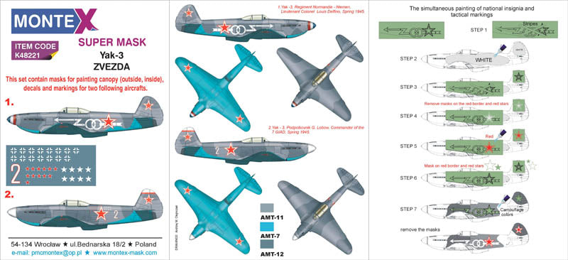 Yakovlev Yak-3 (canopy frame paint masks (inside and outside)) + insignia and markings masks + decals (designed to be used with Zvezda kits)