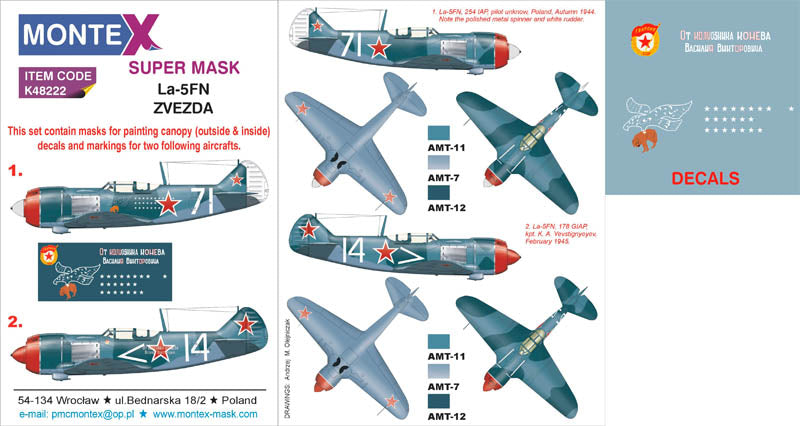 Lavochkin La-5FN (canopy frame paint masks (inside and outside)) + insignia and markings masks + decals (designed to be used with Kovozavody Prostejov and Zvezda kits)