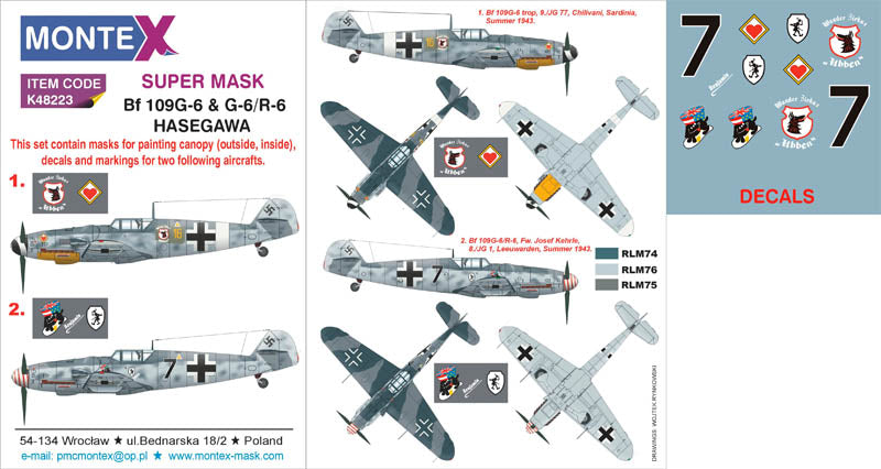 Messerschmitt Bf-109G-6 & G-6/R-6 (canopy frame paint masks (inside and outside)) + insignia and markings masks + decals (designed to be used with Hasegawa kits)