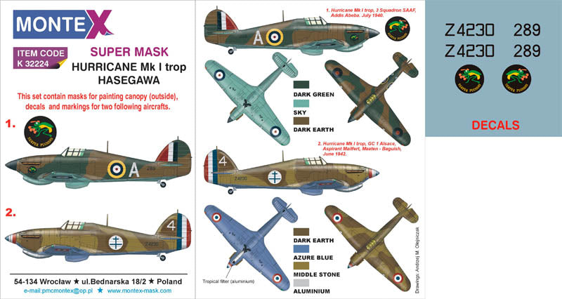 Hawker Hurricane Mk.I trop (canopy frame paint masks (inside and outside)) + insignia and markings masks + decals (designed to be used with Hasegawa kits)