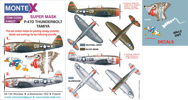 Republic P-47D THUNDERBOLT 1 canopy mask (exterior) + insignia and markings masks + decals (designed to be used with Tamiya kits)