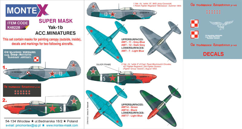 Yakovlev Yak-1b (canopy frame paint masks (inside and outside)) + insignia and markings masks + decals (designed to be used with Academy, Accurate Miniatures, Eduard and Hobby 2000 kits)