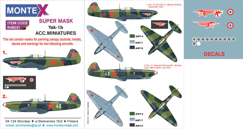 Yakovlev Yak-1b (canopy frame paint masks (inside and outside)) + insignia and markings masks + decals (designed to be used with Academy, Accurate Miniatures, Eduard and Hobby 2000 kits)