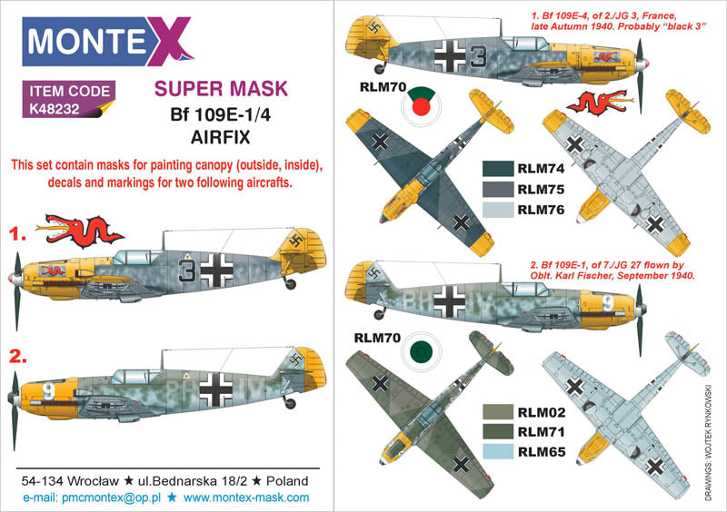 Messerschmitt Bf-109E-1/4 (canopy frame paint masks (inside and outside)) + insignia and markings masks + decals (designed to be used with Airfix kits)