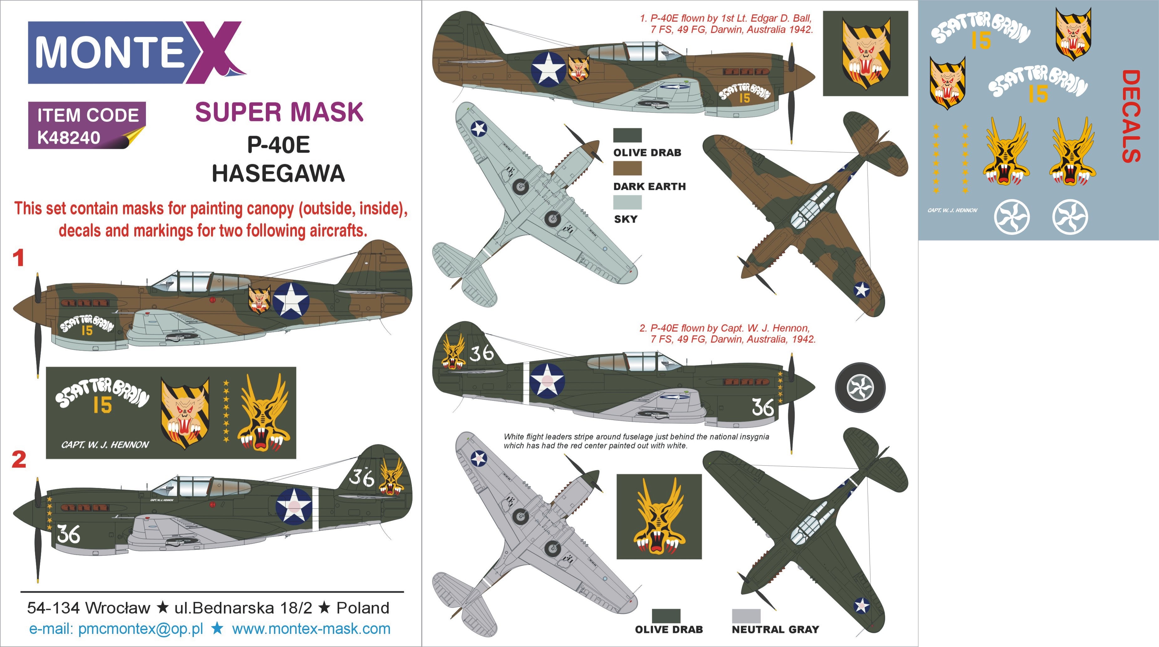 Curtiss P-40E Kittyhawk (canopy frame paint masks (inside and outside)) + insignia and markings masks + decals (designed to be used with Hasegawa kits)