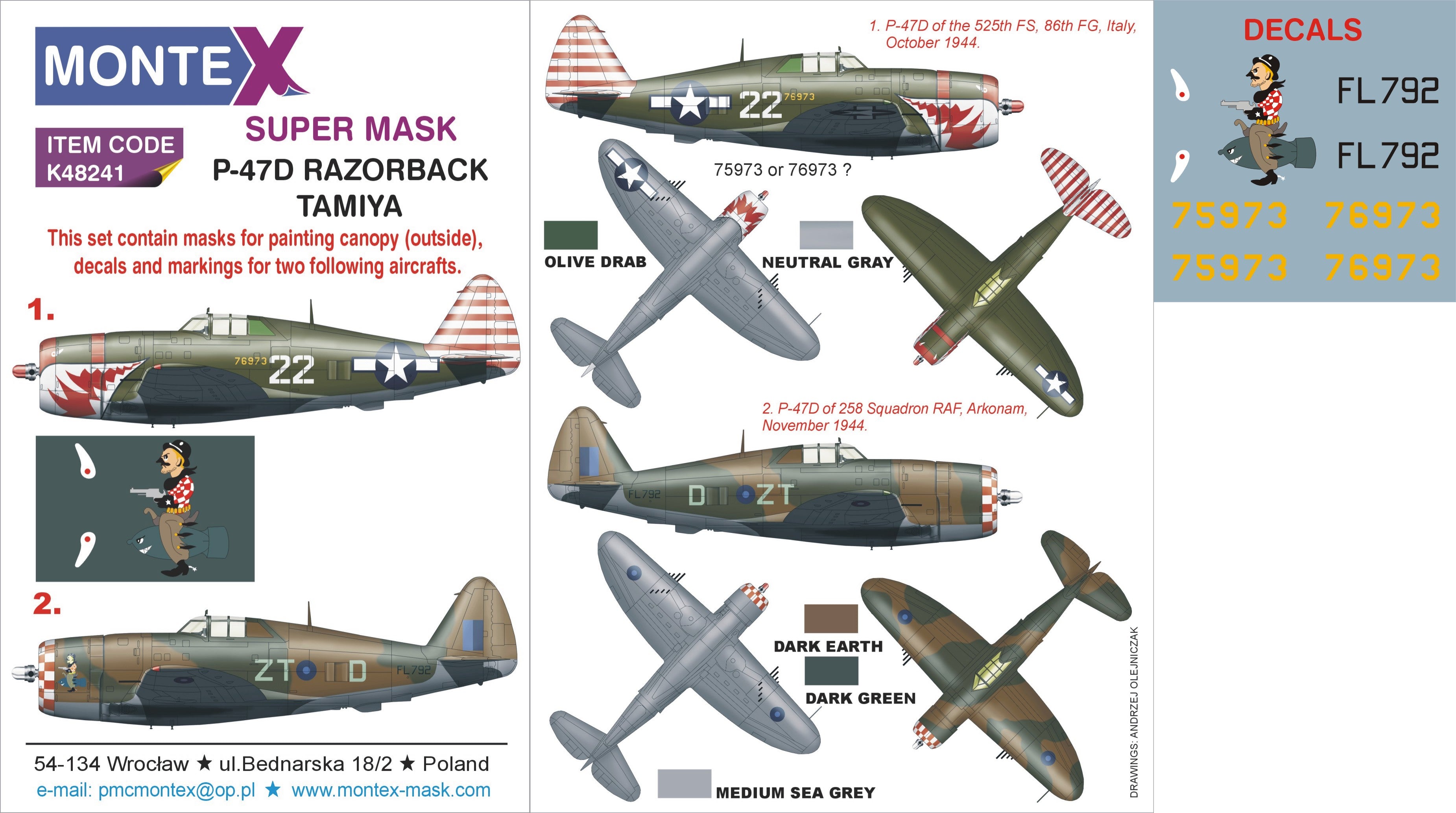 Republic P-47D Thunderbolt RAZORBACK (canopy frame paint masks (inside and outside)) + insignia and markings masks + decals (designed to be used with Tamiya kits)