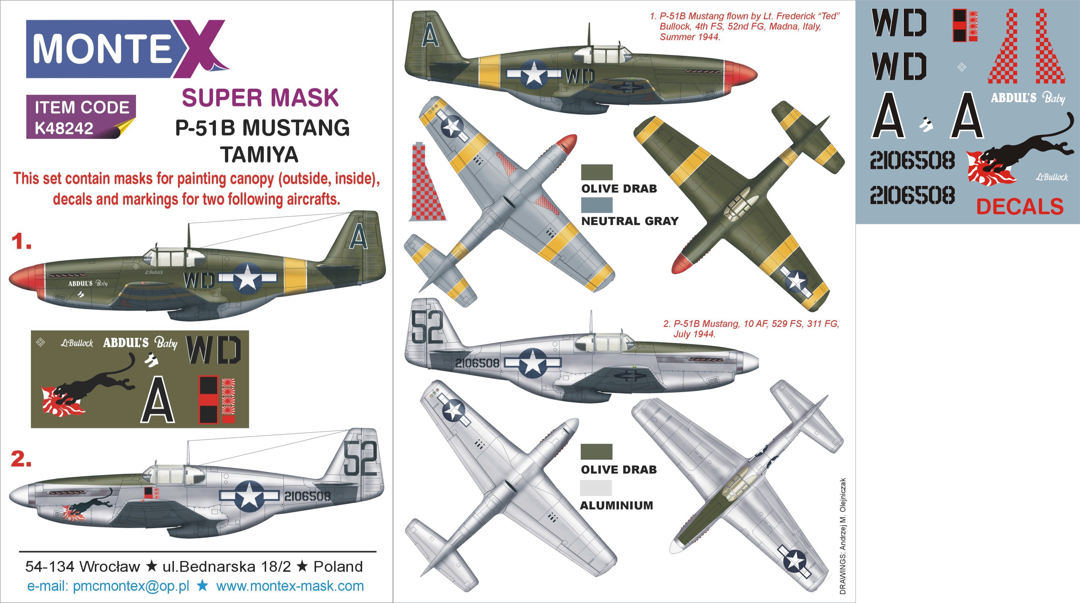 North-American P-51B MUSTANG (canopy frame paint masks (inside and outside)) + insignia and markings masks + decals (designed to be used with Tamiya kits)