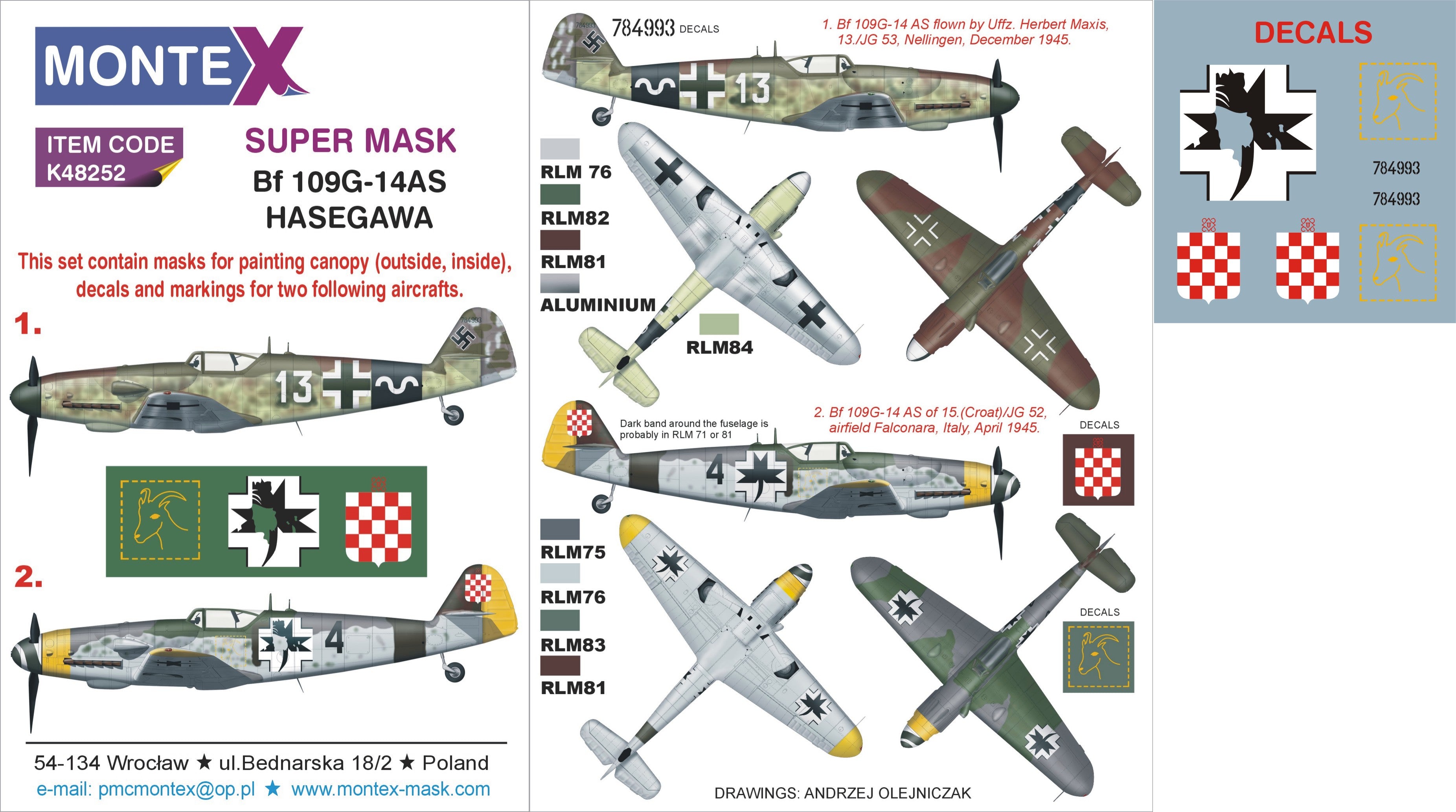 Messerschmitt Bf-109G-14AS (canopy frame paint masks (inside and outside)) + insignia and markings masks + decals (designed to be used with Hasegawa kits)
