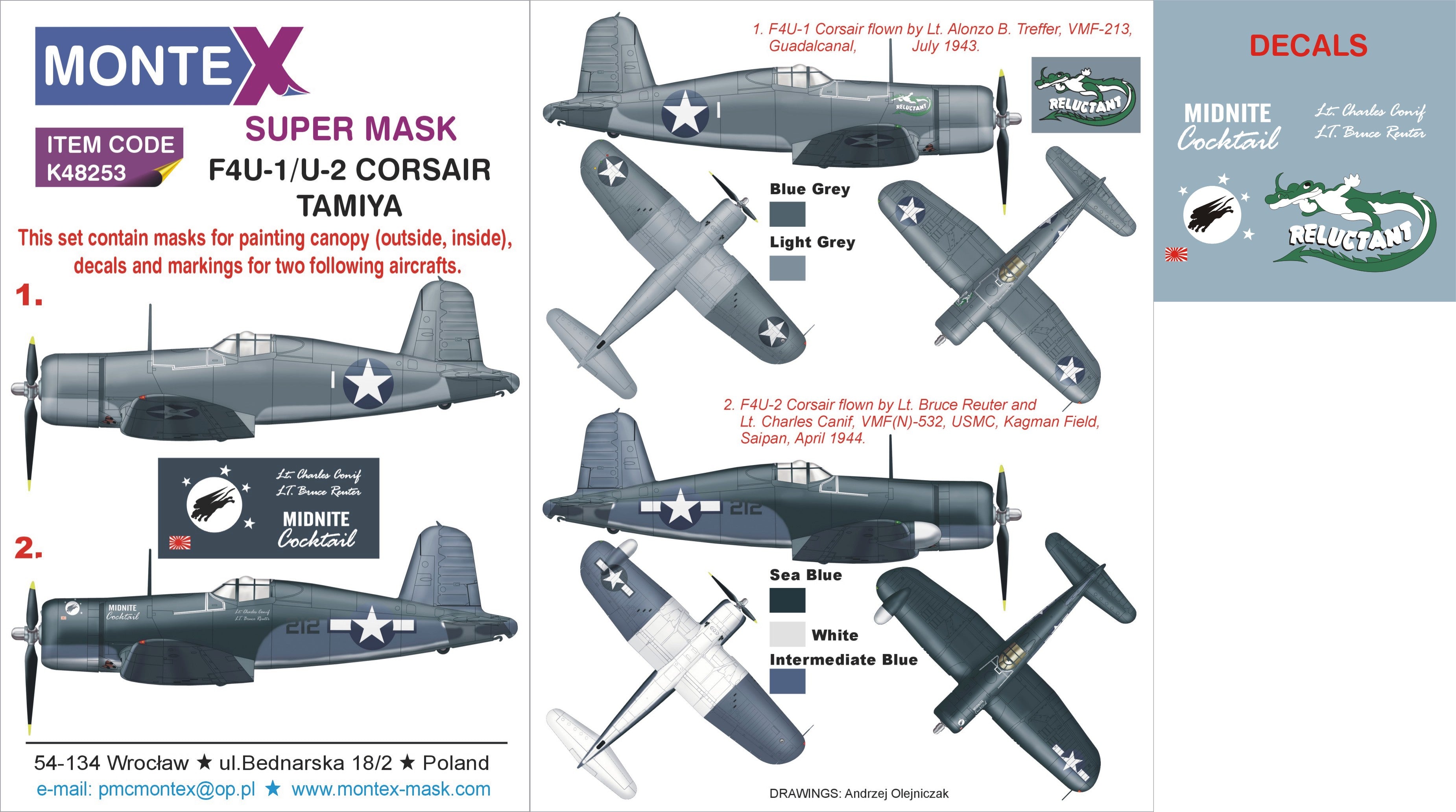 Vought F4U-1 CORSAIR (canopy frame paint masks (inside and outside)) + insignia and markings masks + decals (designed to be used with Tamiya kits)
