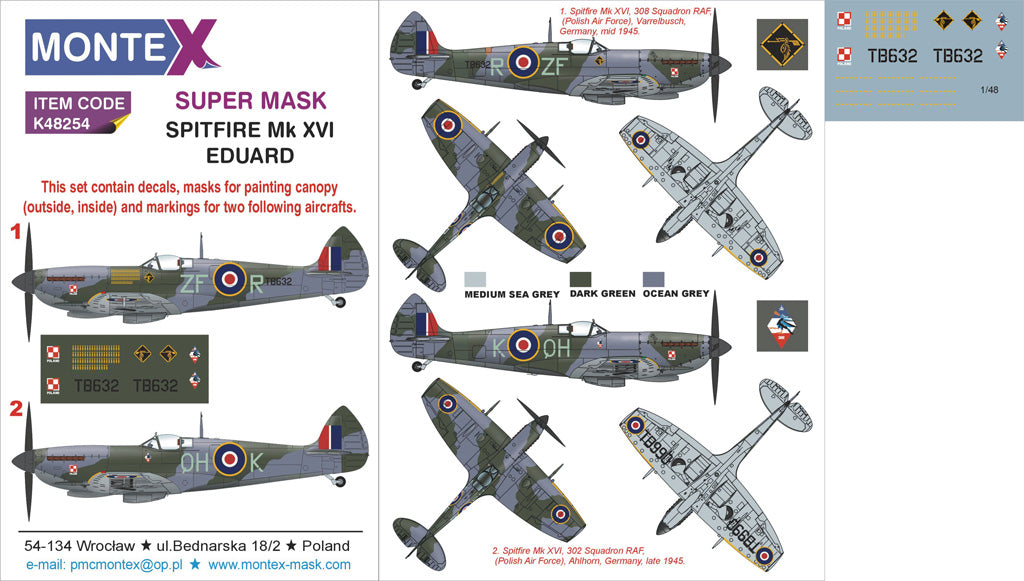 Supermarine Spitfire Mk.XVI (canopy frame paint masks (inside and outside)) + insignia and markings masks + decals (designed to be used with EDUARD kits)