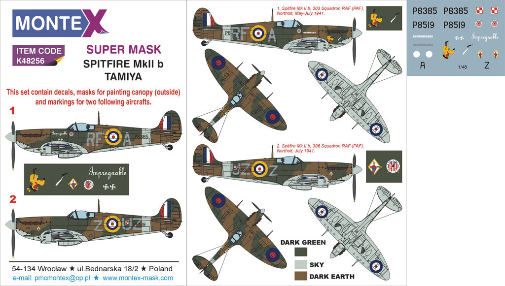 Supermarine Spitfire Mk.IIb 1 canopy mask (exterior) + insignia and markings masks + decals (designed to be used with Tamiya kits)