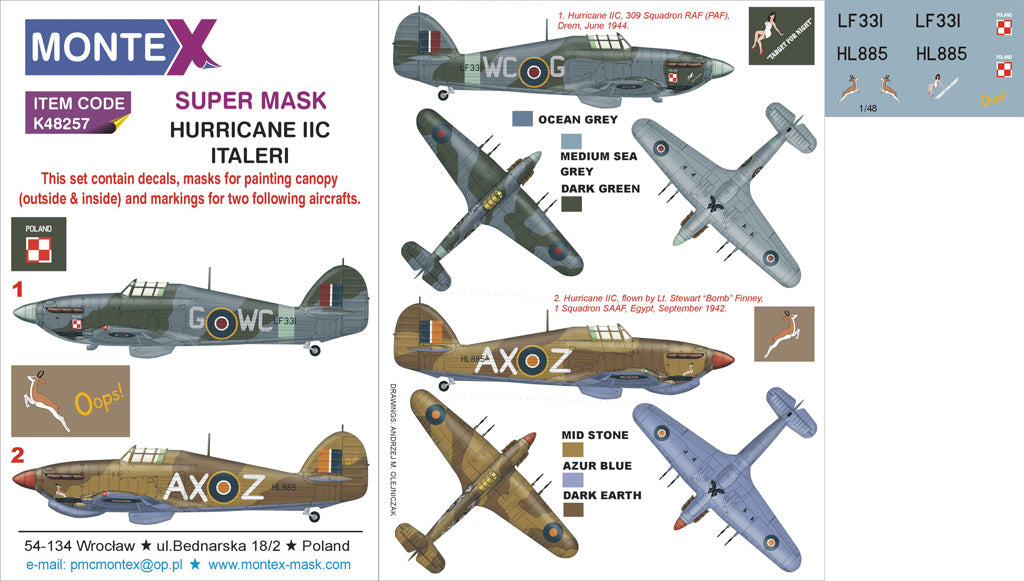 Hawker Hurricane Mk.IIC (canopy frame paint masks (inside and outside)) + insignia and markings masks + decals (designed to be used with Italeri kits)