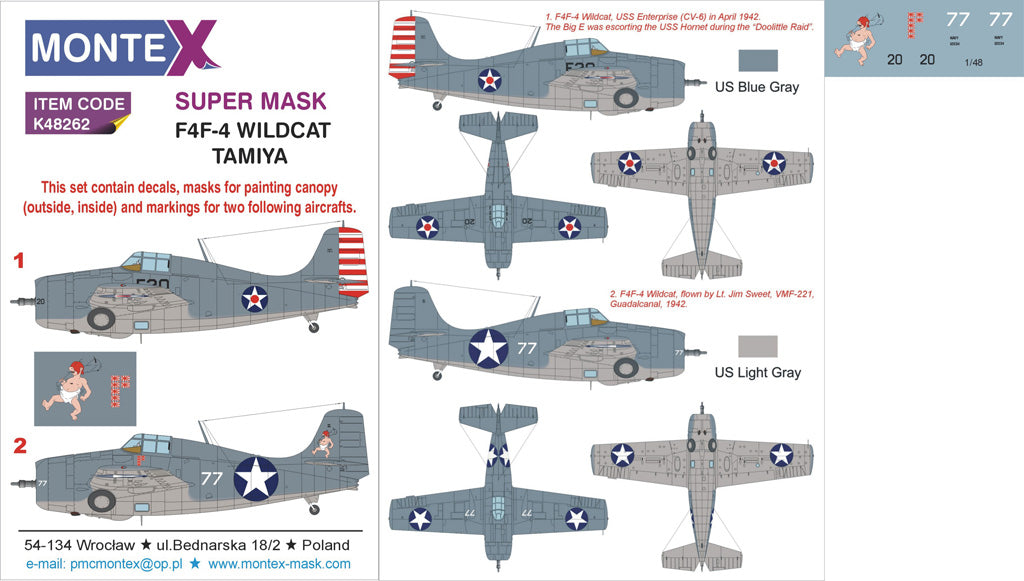 Grumman F4F-4 WILDCAT (canopy frame paint masks (inside and outside)) insignia and markings masks + decals (designed to be used with Tamiya kits)