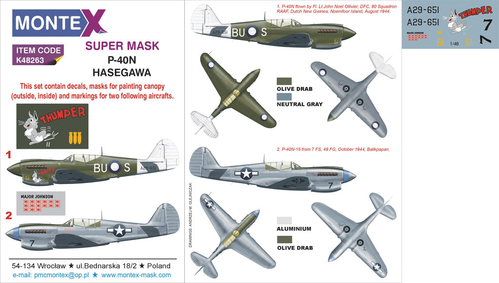 Curtiss P-40N Warhawk (canopy frame paint masks (inside and outside)) + insignia and markings masks + decals (designed to be used with Hasegawa kits)