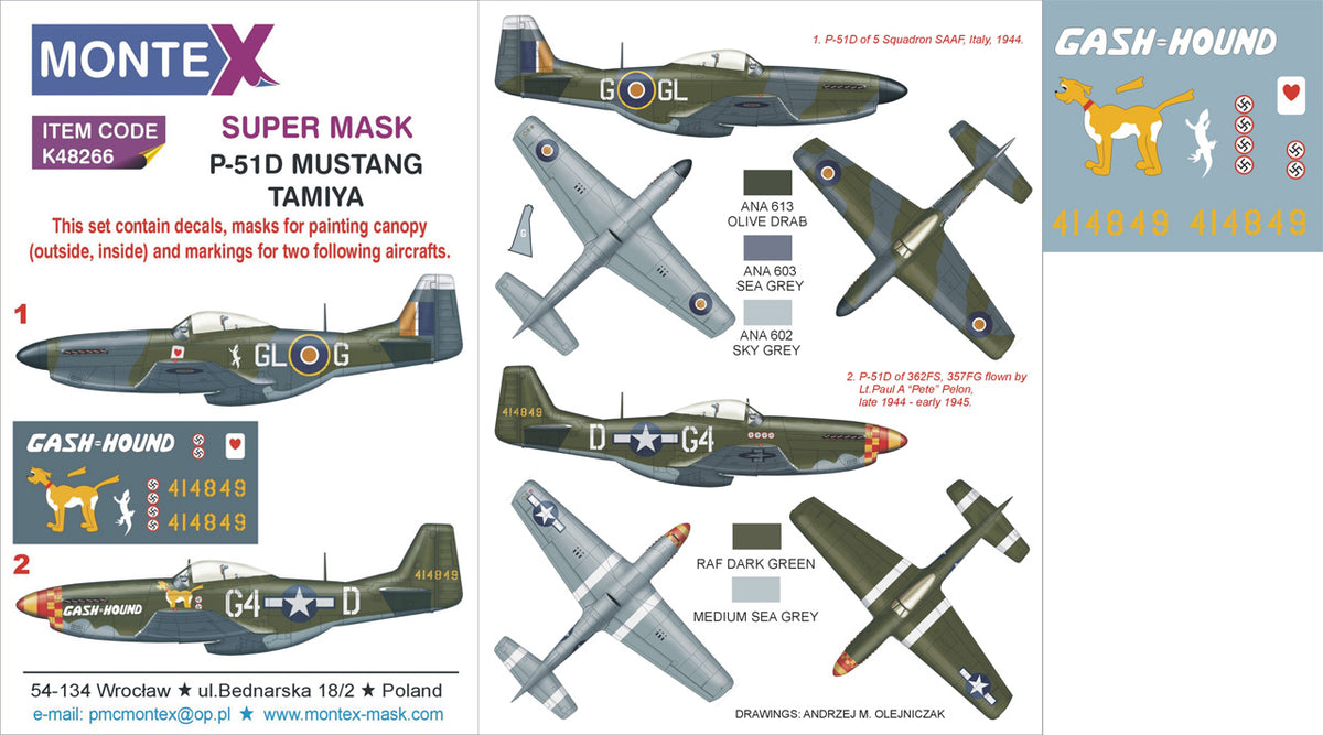 North-American P-51D Mustang 2 canopy frame paint mask (inside & outside) insignia and markings masks + decals (designed to be used with Tamiya kits)