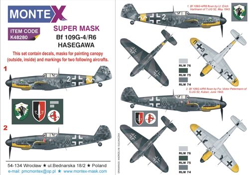Messerschmitt Bf-109G-4 2 canopy frame paint mask (inside & outside) + insignia and markings masks + decals (designed to be used with Hasegawa kits)