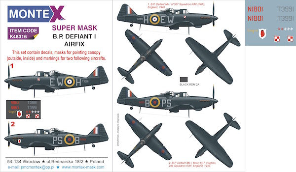 Boulton-Paul Defiant Mk.I (designed to be used with Airfix kits) 2 canopy mask (interior and exterior canopy frame mask) insignia and markings masks + decals