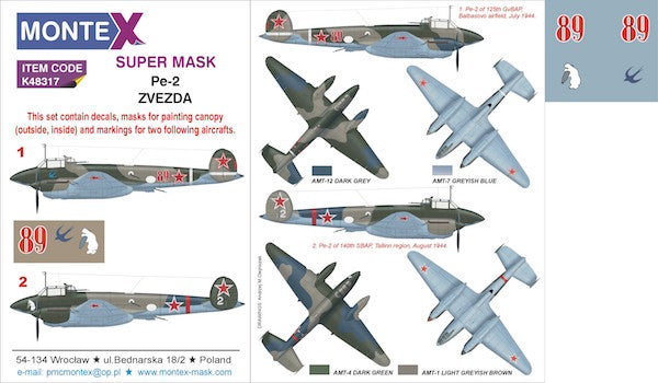 Petlyakov Pe-2 (designed to be used with Zvezda kits) 2 canopy mask (interior and exterior canopy frame mask) + insignia and markings masks + decals