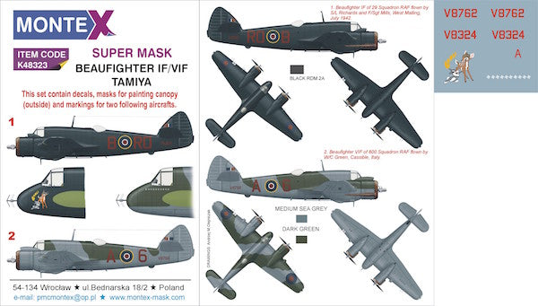 Bristol Beaufighter Mk.VI (designed to be used with Tamiya kits) 1 canopy mask (outside canopy frame mask) + insignia and markings masks + decals